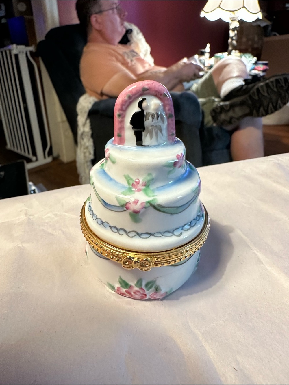 Porcelain Wedding Cake Trinket Box with Pink Floral Accents